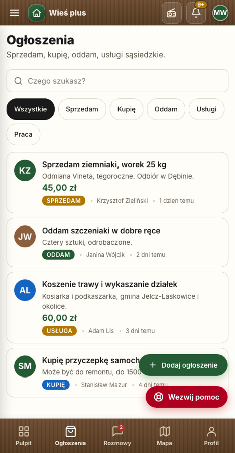 Lista ogłoszeń sąsiedzkich z cenami i kategoriami