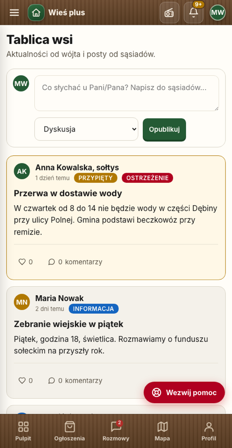 Tablica wsi z wpisem sołtysa o przerwie w dostawie wody